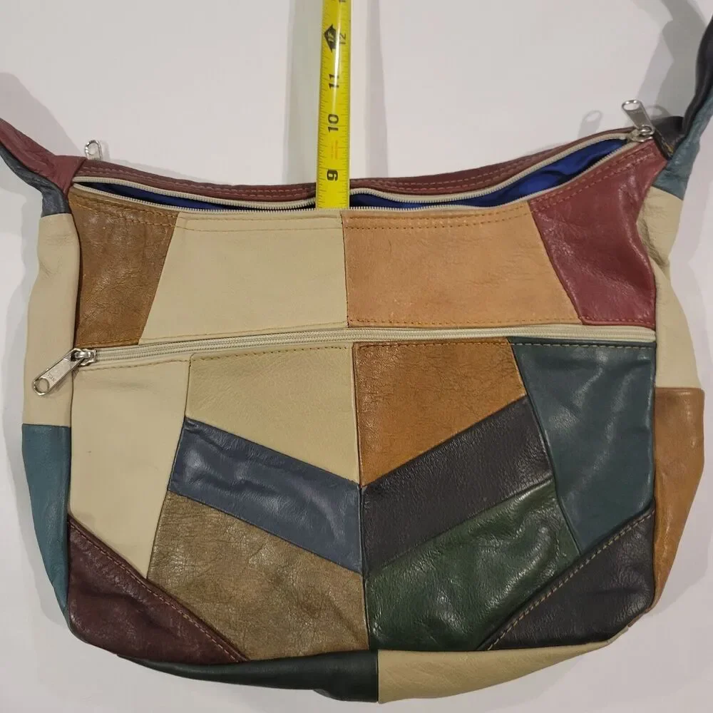 Vintage Boho Patchwork Genuine Leather Crossbody Shoulder Bag Made in Mexico